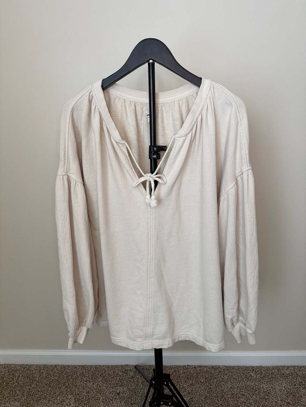 Aerie Oversized French Terry Lace-Up Sweatshirt Cream Oatmeal XL Boho Balloon Sl